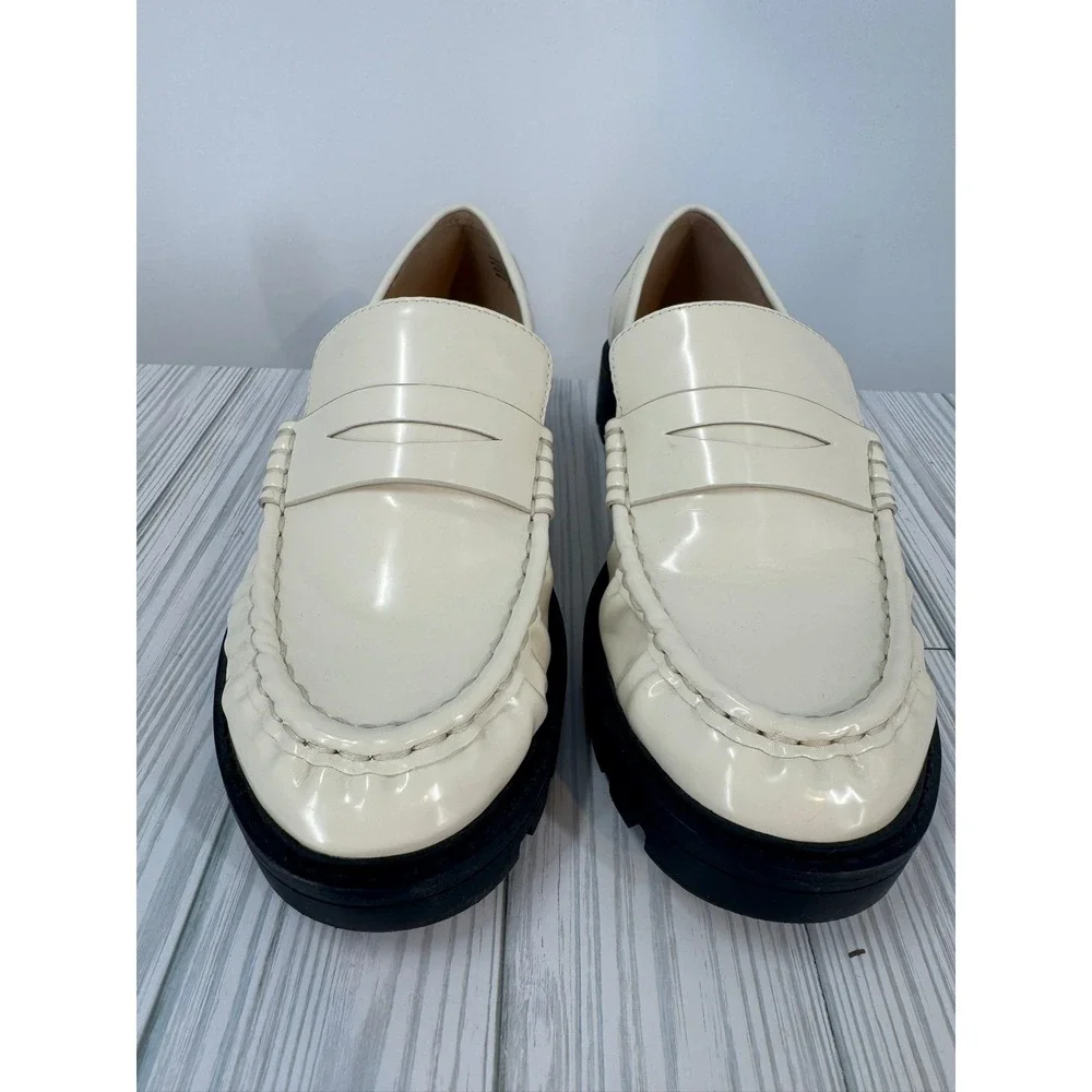 Loft Women's SIze 6.5 Cream Lug Penny Loafers Chunky Heel Flat Shoes Slip On‎